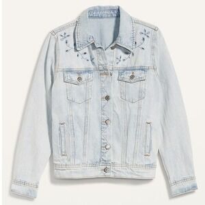 Old Navy Women's Denim Jacket Embroidered Floral Design Light Wash Casual